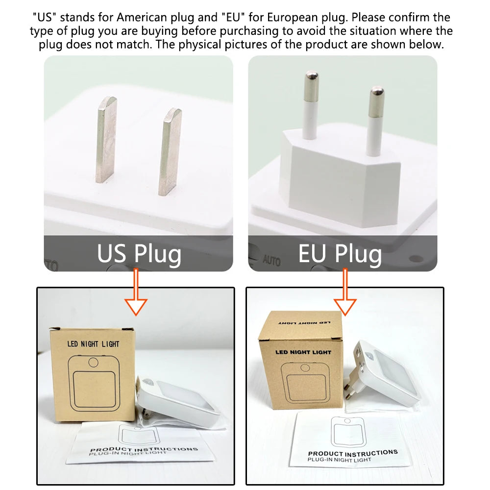 US and EU plug options shown side by side with their packaging