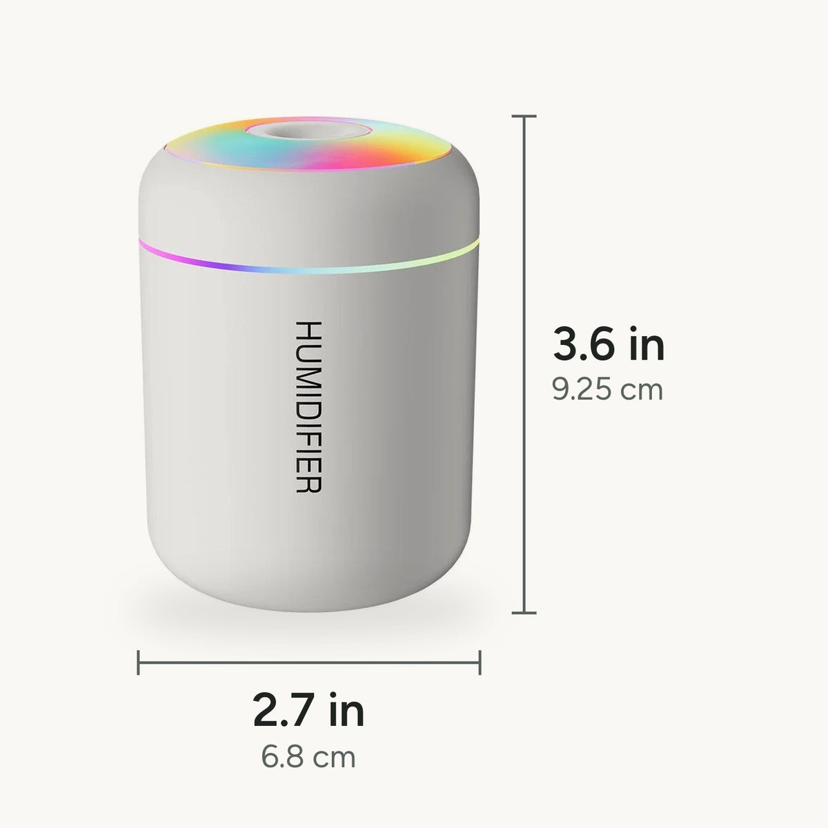Mini Glow Humidifier size: 2.7 in (6.8 cm) wide and 3.6 in (9.25 cm) tall