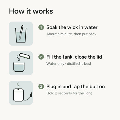 How it works: soak the wick in water, fill the tank and close the lid, plug in and tap the button