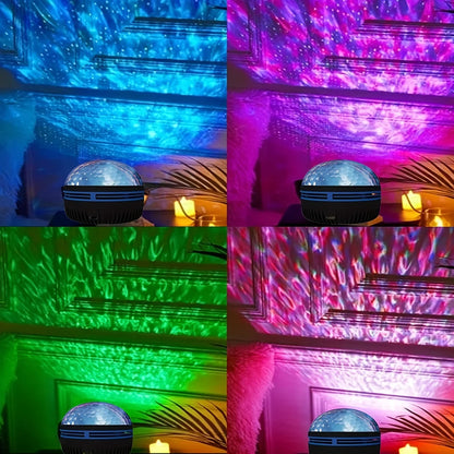 The projector shown in four rooms lit in blue, green, pink and red