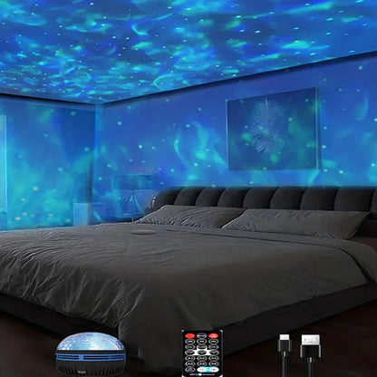 Galaxy Star Projector casting blue and green nebula light across a bedroom ceiling above a grey bed