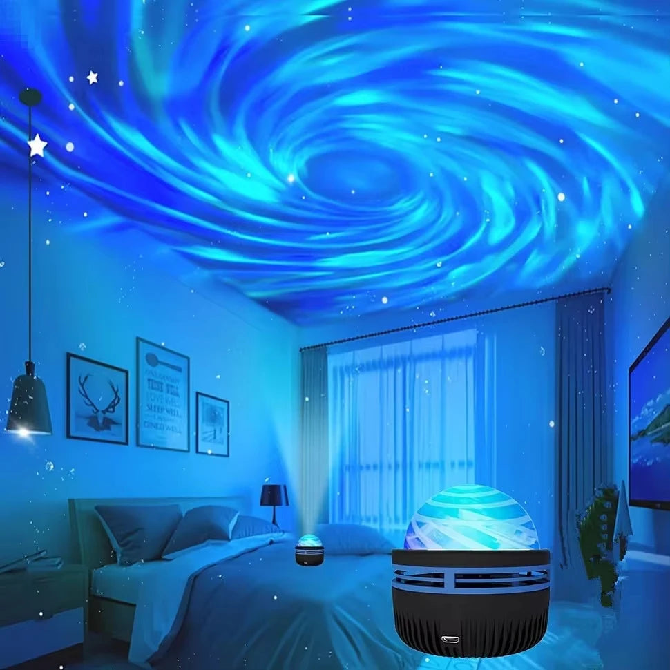Blue nebula swirl projected across a bedroom ceiling, with the projector sitting on the floor