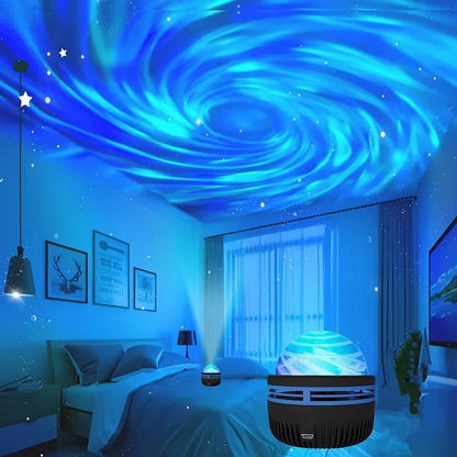 Blue nebula swirl projected across a bedroom ceiling, with the projector sitting on the floor