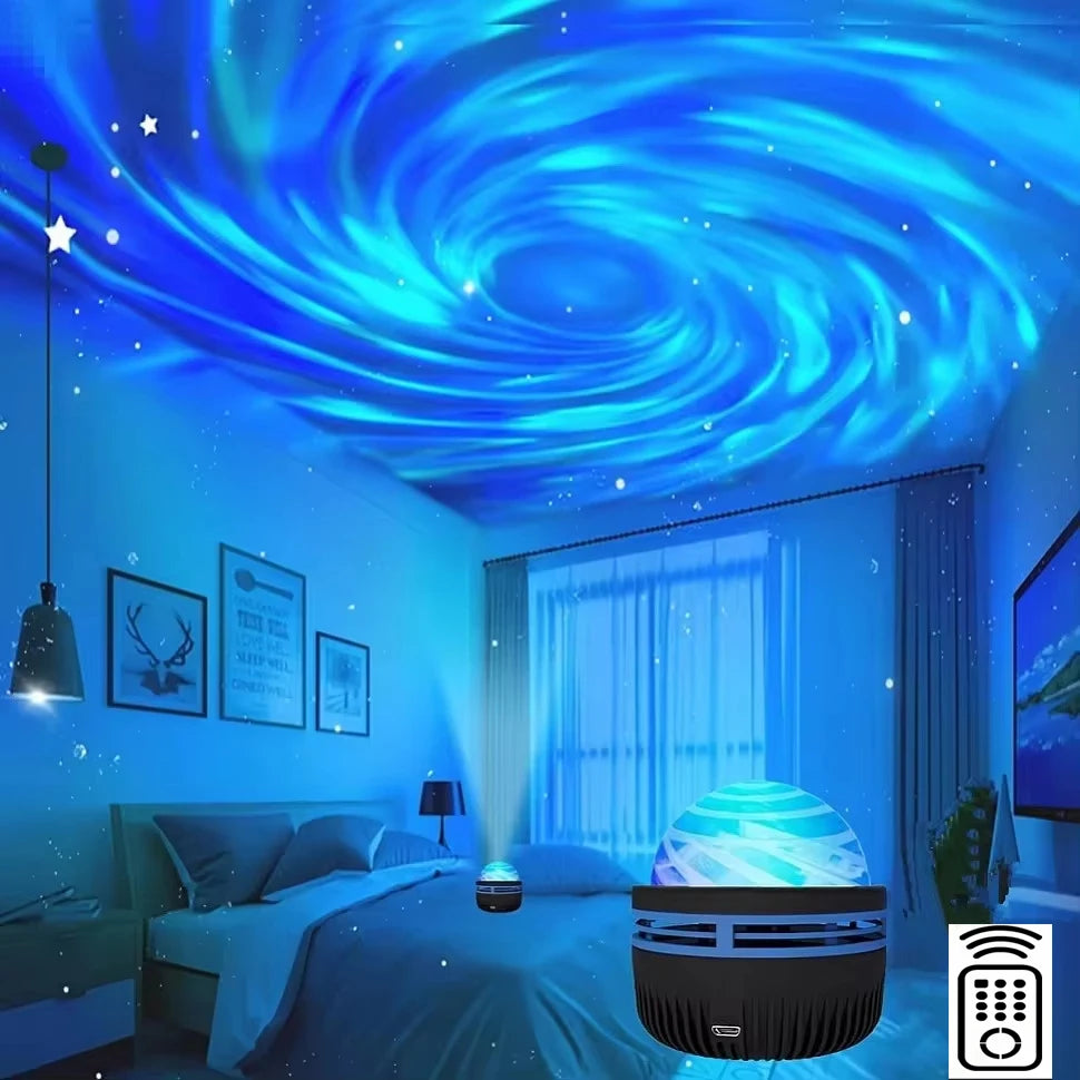 Bedroom ceiling washed in blue nebula light, shown with the remote control