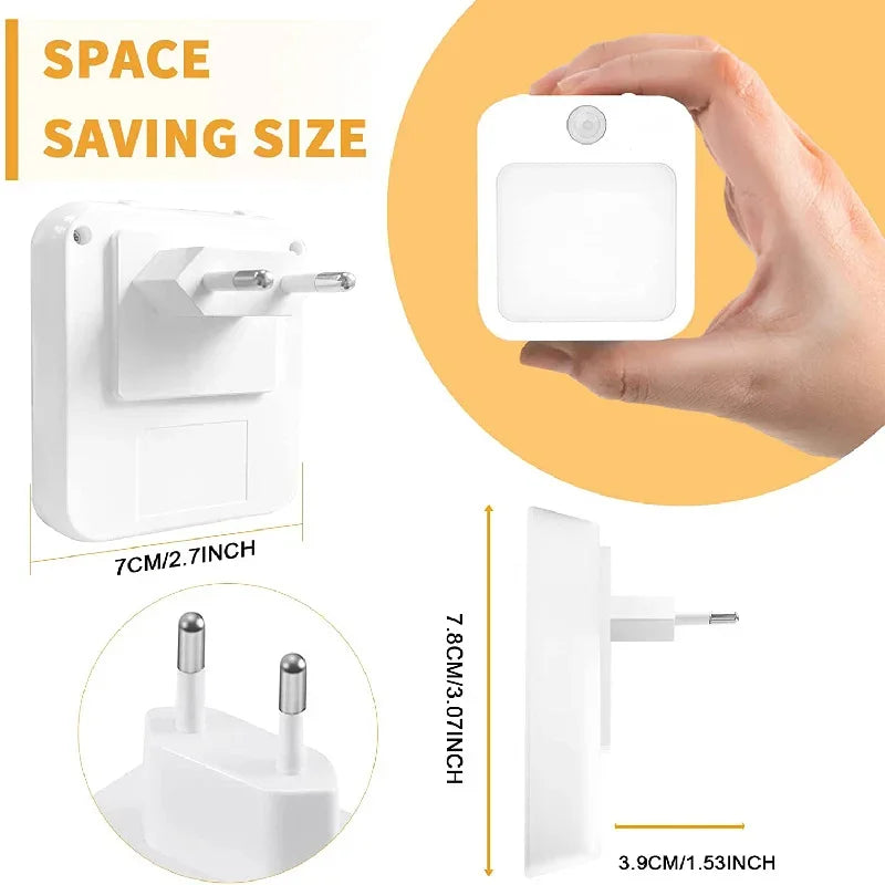 Size comparison showing the night light held between two fingers