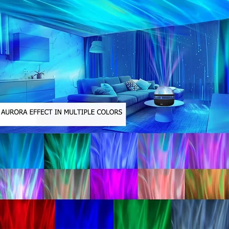 Aurora effect projected across a living room, with the available color patterns shown below