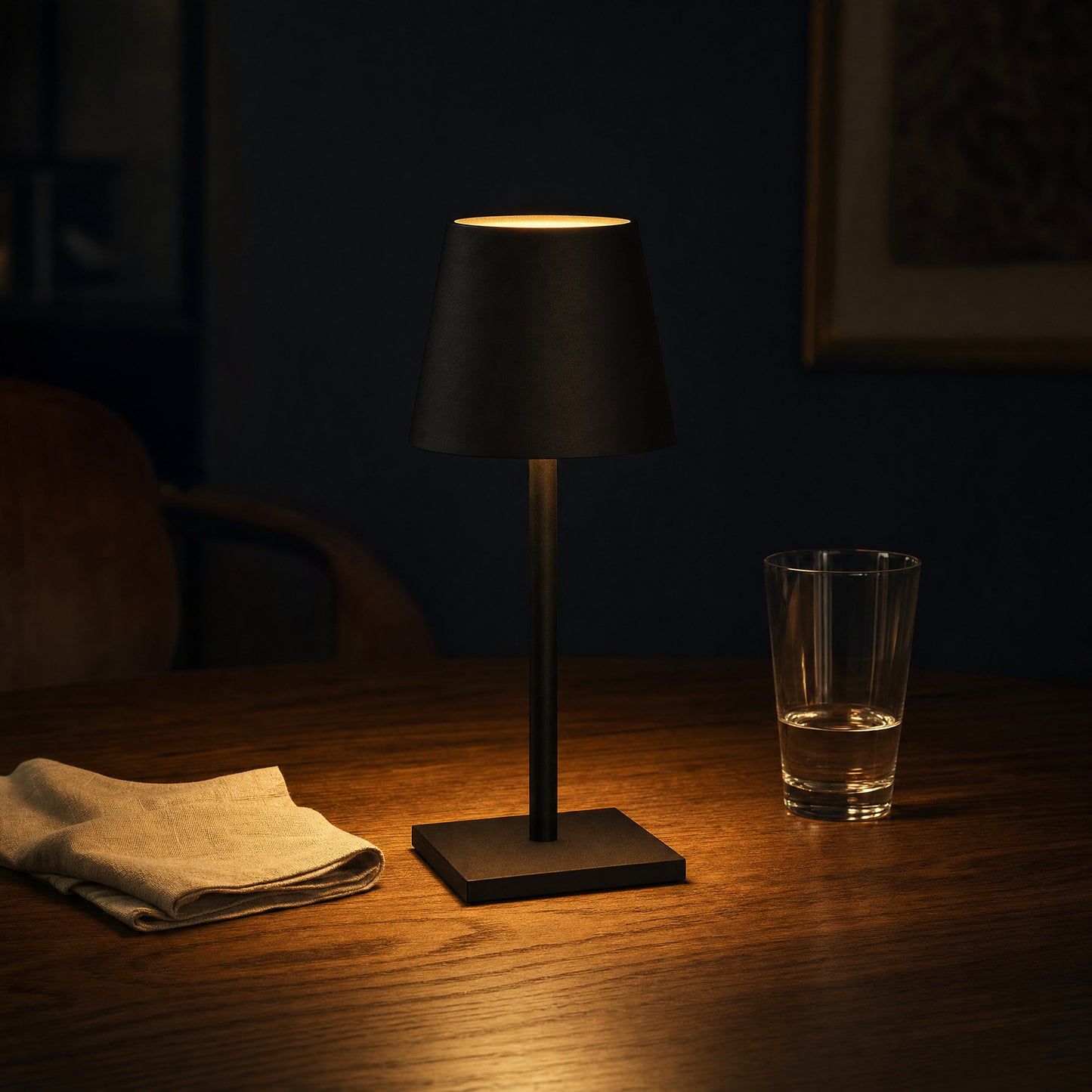 Cordless table lamp glowing warm on a walnut dining table