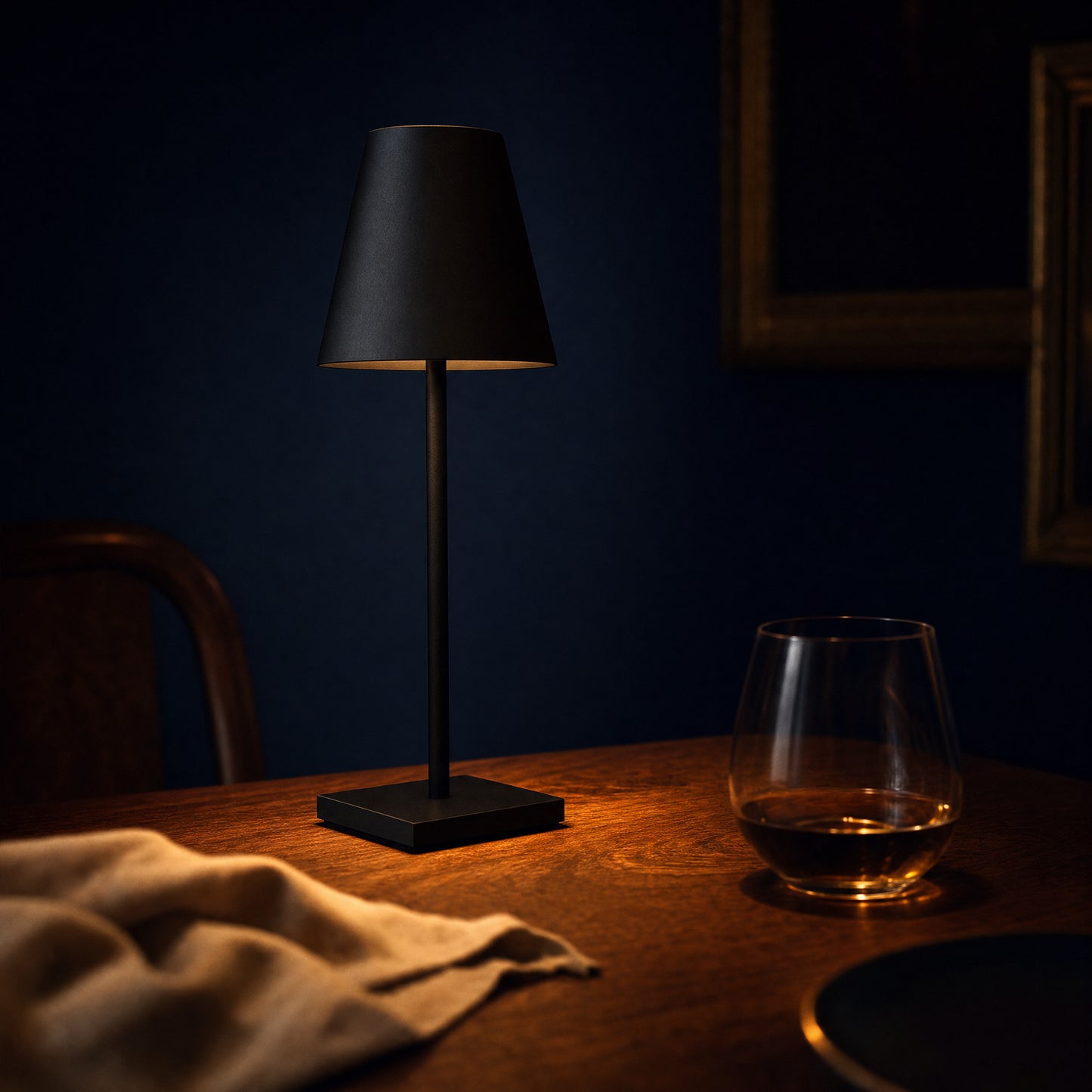 Cordless table lamp lit against a deep navy wall at night