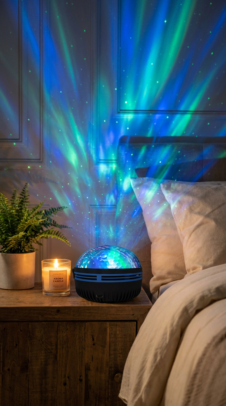 Galaxy Star Projector glowing on a wooden nightstand beside a lit candle, casting green and blue aurora light across the wall above a made bed