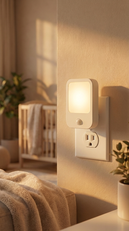 Motion Sensor Night Light plugged into a US wall outlet, glowing warm beside a wooden crib in a softly lit nursery